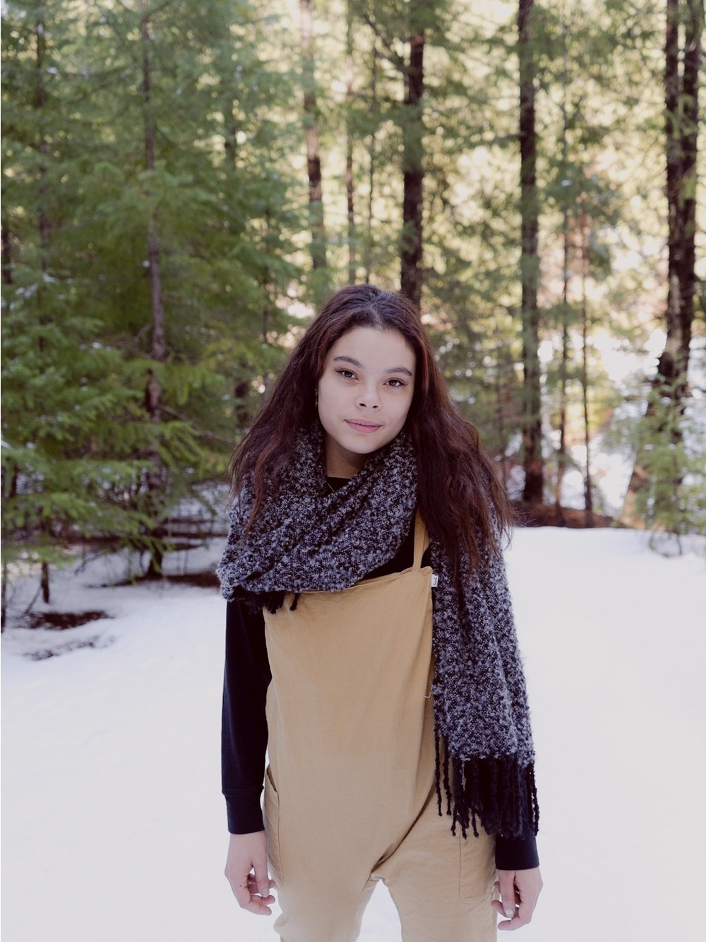 Tan Women's Overall Jumpsuit with Black Top and Gray Scarf